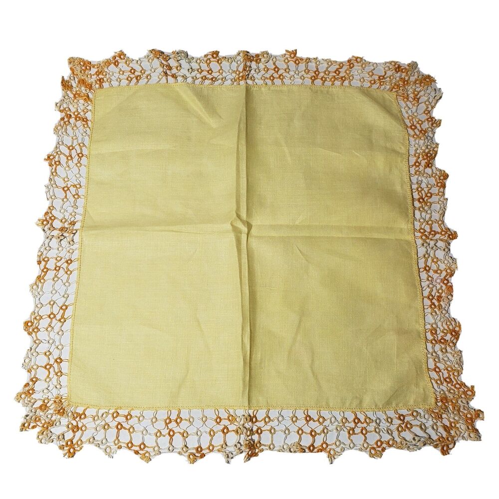 VTG HANKIE COTTAGE BRIDAL YELLOW ORANGE TATTED CROCHET HANDMADE POCKET SCARF